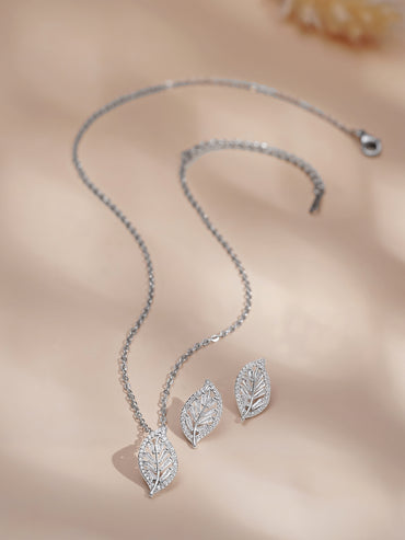 Rubans Rhodium-Plated Leaf Design Cubic Zirconia Pendant Necklace Set