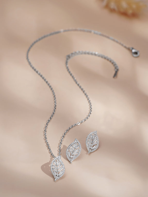 Rubans Rhodium-Plated Leaf Design Cubic Zirconia Pendant Necklace Set