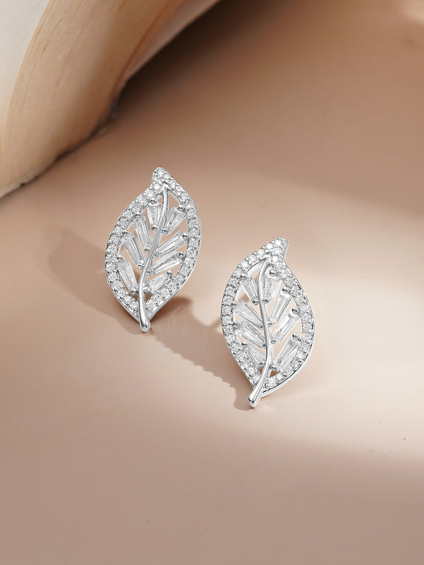 Rubans Rhodium-Plated Leaf Design Cubic Zirconia Pendant Necklace Set