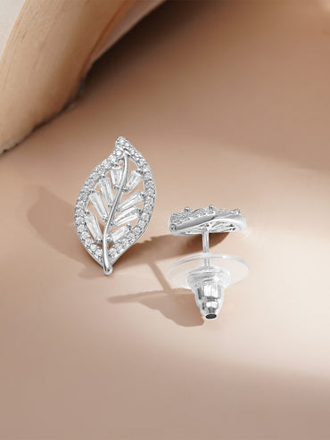 Rubans Rhodium-Plated Leaf Design Cubic Zirconia Pendant Necklace Set