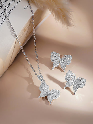 Rubans Rhodium-Plated Butterfly Pendant Set with Sparkling Crystal Zirconia Accents