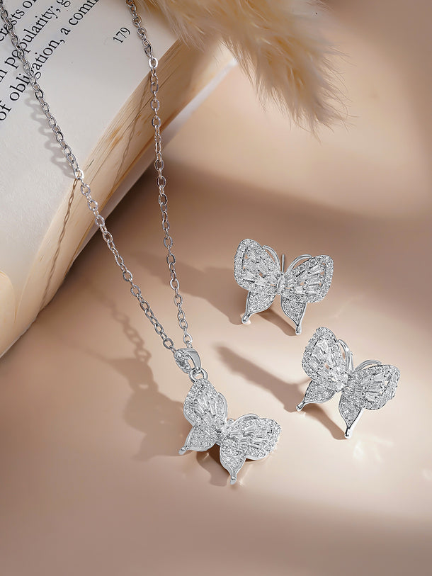 Rubans Rhodium-Plated Butterfly Pendant Set with Sparkling Crystal Zirconia Accents