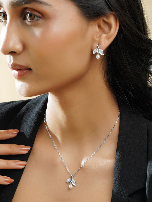 Rubans Rhodium Plated Flora Pearl Drop Pendant Set with Sparkling Crystal Accents