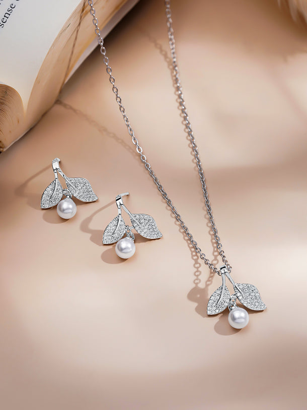 Rubans Rhodium Plated Flora Pearl Drop Pendant Set with Sparkling Crystal Accents