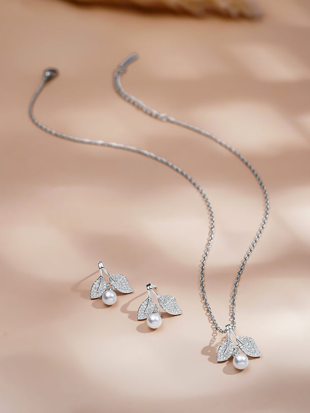 Rubans Rhodium Plated Flora Pearl Drop Pendant Set with Sparkling Crystal Accents