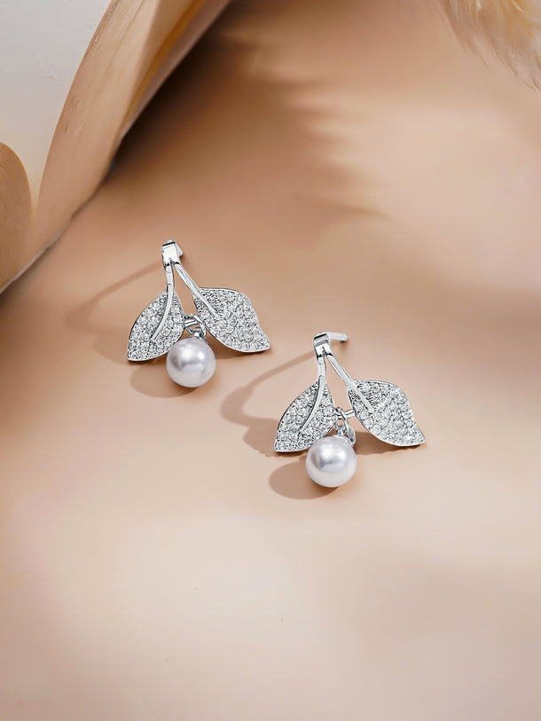 Rubans Rhodium Plated Flora Pearl Drop Pendant Set with Sparkling Crystal Accents