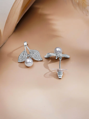 Rubans Rhodium Plated Flora Pearl Drop Pendant Set with Sparkling Crystal Accents