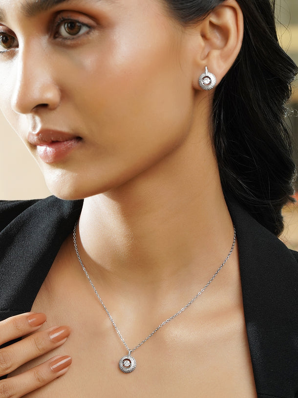 Rubans Rhodium-Plated Round Halo Pendant Necklace Set with Sparkling Cubic Zirconia