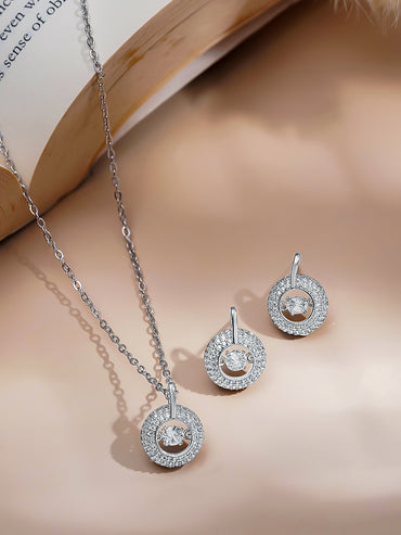 Rubans Rhodium-Plated Round Halo Pendant Necklace Set with Sparkling Cubic Zirconia