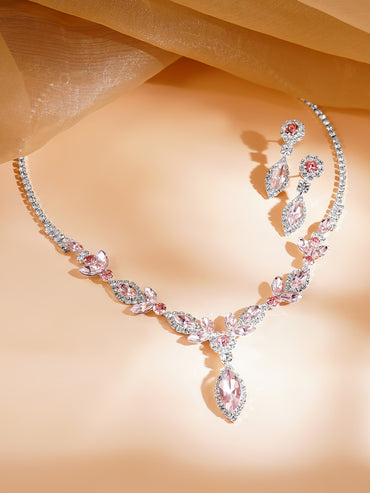 Pink Crystal Floral Drop Necklace Set