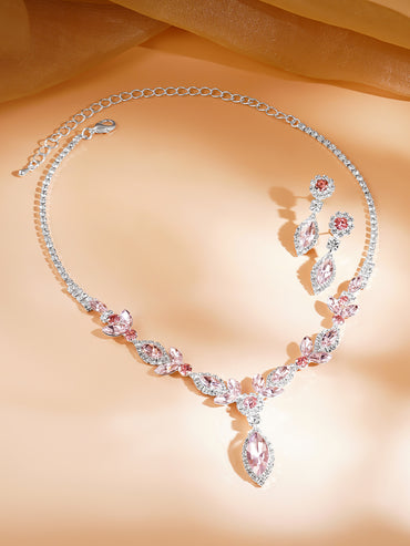 Pink Crystal Floral Drop Necklace Set