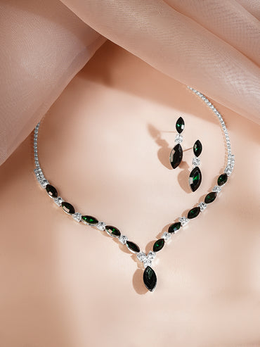 Rhodium Plated Emerald Green Crystal Jewellery Set