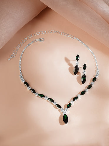 Rhodium Plated Emerald Green Crystal Jewellery Set