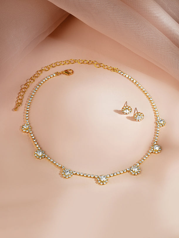 Gold Plated Floral Charm Crystal Necklace Set