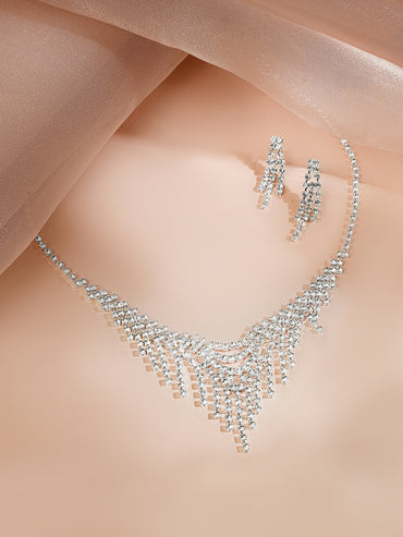 Rhodium Plated Fringe Tassel Crystal Necklace Set
