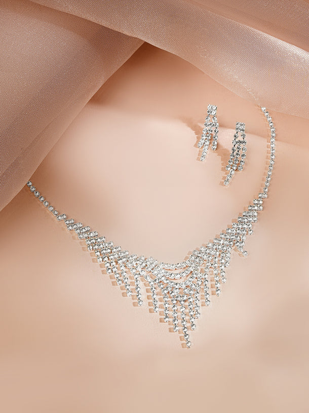 Rhodium Plated Fringe Tassel Crystal Necklace Set