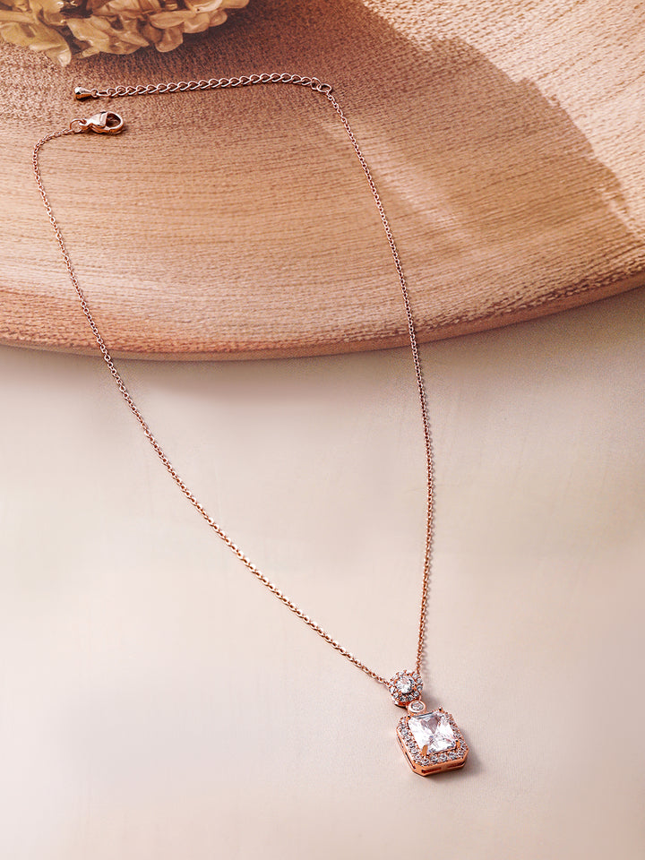 Voguish Rhodium Plated Sparkling AD & Cubic Zirconia Studded Rectangle Pendant Necklace