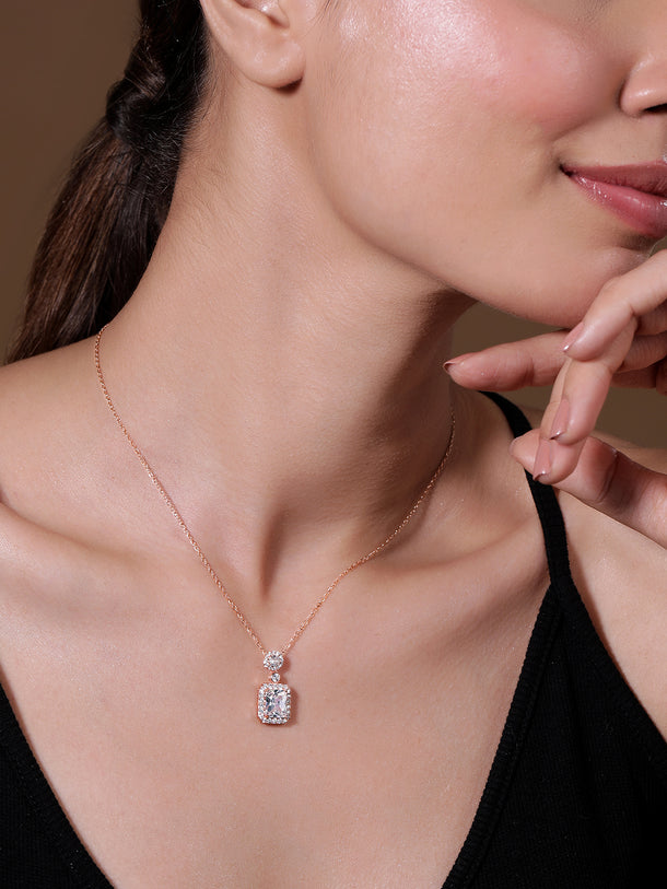 Voguish Rhodium Plated Sparkling AD & Cubic Zirconia Studded Rectangle Pendant Necklace
