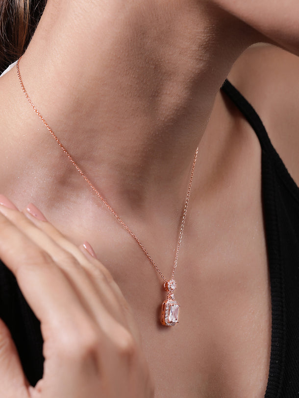 Voguish Rhodium Plated Sparkling AD & Cubic Zirconia Studded Rectangle Pendant Necklace