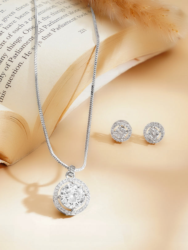 Rhodium Plated American Diamond Zirconia Pendant Set