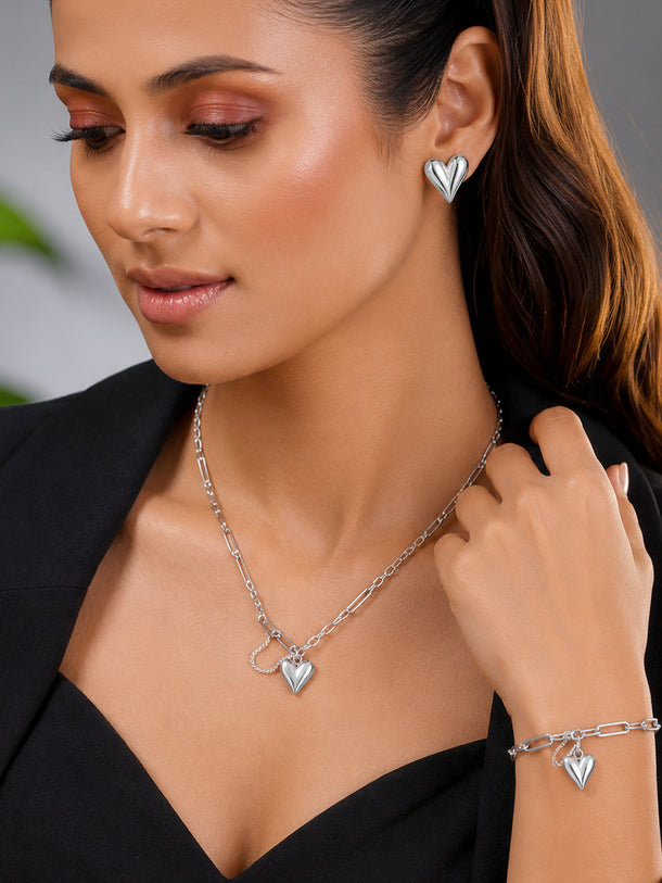 Demi Fine Rhodium Plated Stainless Steel Heart Charm Combo Set