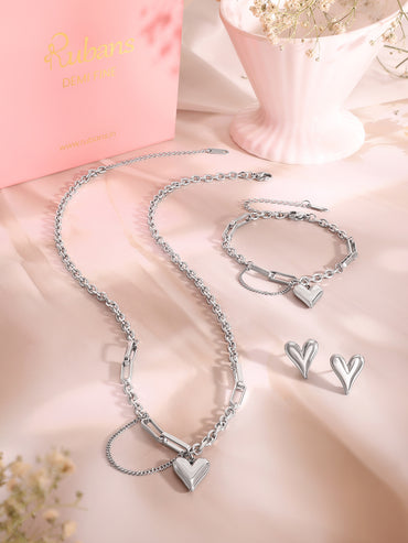 Demi Fine Rhodium Plated Stainless Steel Heart Charm Combo Set