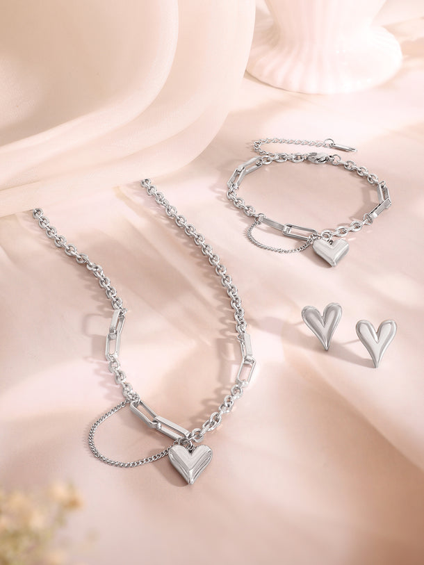 Demi Fine Rhodium Plated Stainless Steel Heart Charm Combo Set