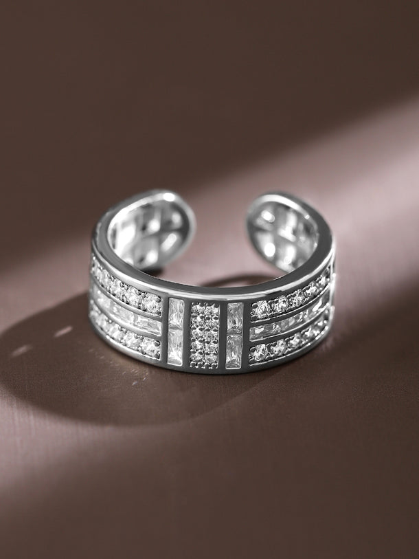 Rubans Rhodium-Plated Adjustable Openable Ring with Baguette & PavÃƒÂ© Cubic Zirconia