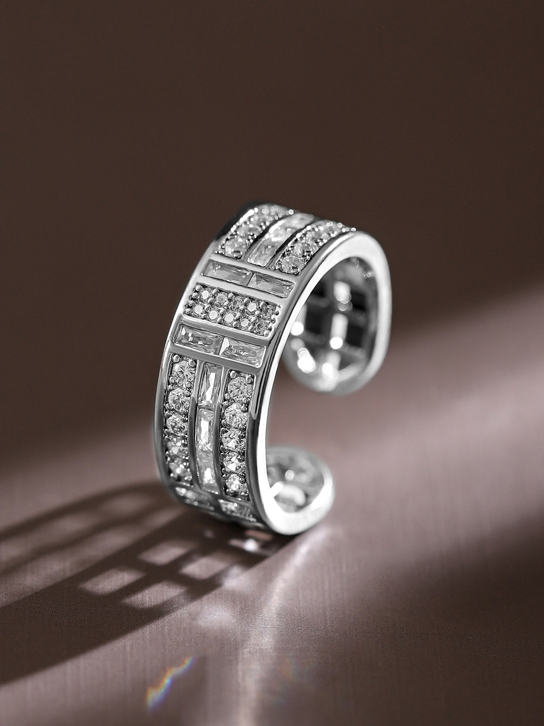 Rubans Rhodium-Plated Adjustable Openable Ring with Baguette & PavÃƒÂ© Cubic Zirconia