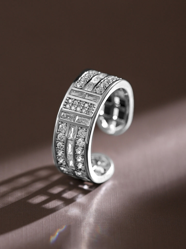 Rubans Rhodium-Plated Adjustable Openable Ring with Baguette & PavÃƒÂ© Cubic Zirconia
