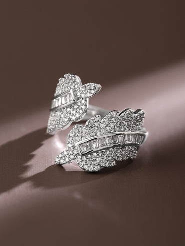 Leaf Textured American Diamond Zirconia Silver Ring