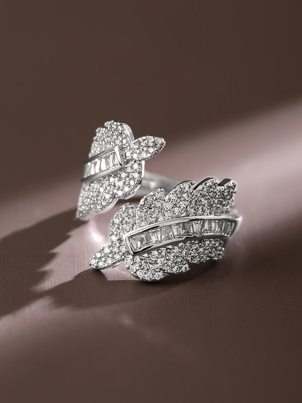 Leaf Textured American Diamond Zirconia Silver Ring