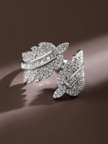 Leaf Textured American Diamond Zirconia Silver Ring