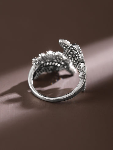 Leaf Textured American Diamond Zirconia Silver Ring