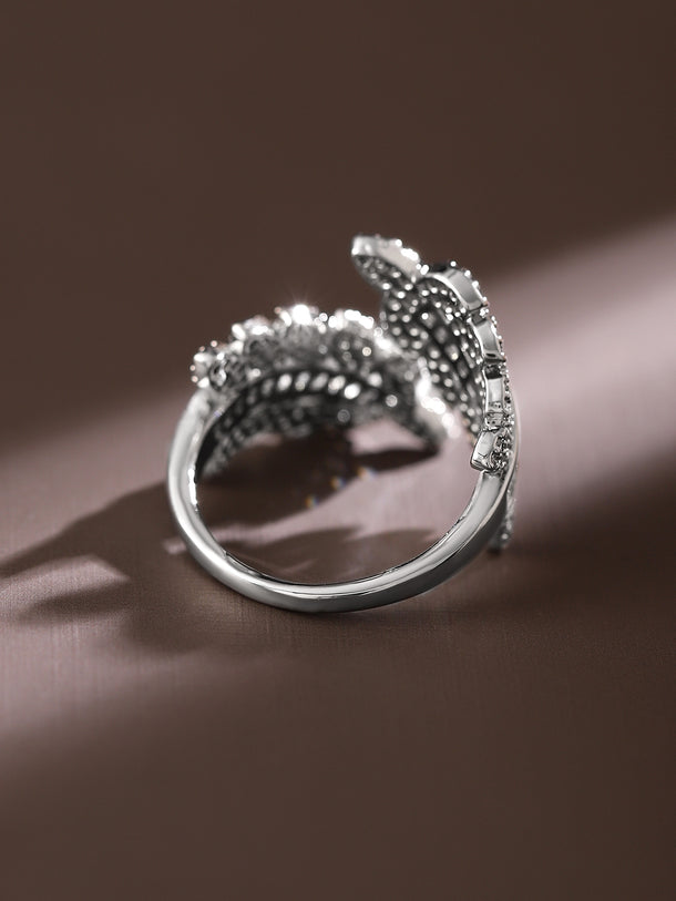 Leaf Textured American Diamond Zirconia Silver Ring