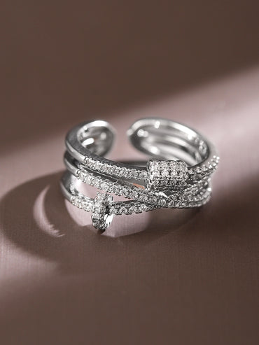 Rubans Rhodium-Plated Multi-Layered Cubic Zirconia Studded Openable Adjustable Ring