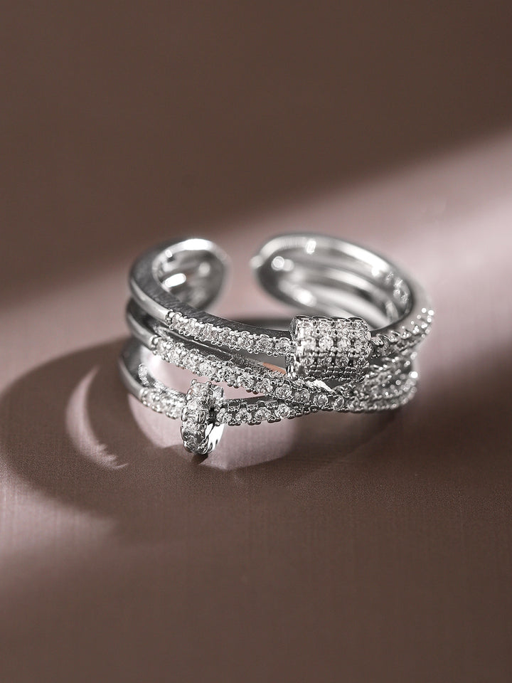 Rubans Rhodium-Plated Multi-Layered Cubic Zirconia Studded Openable Adjustable Ring