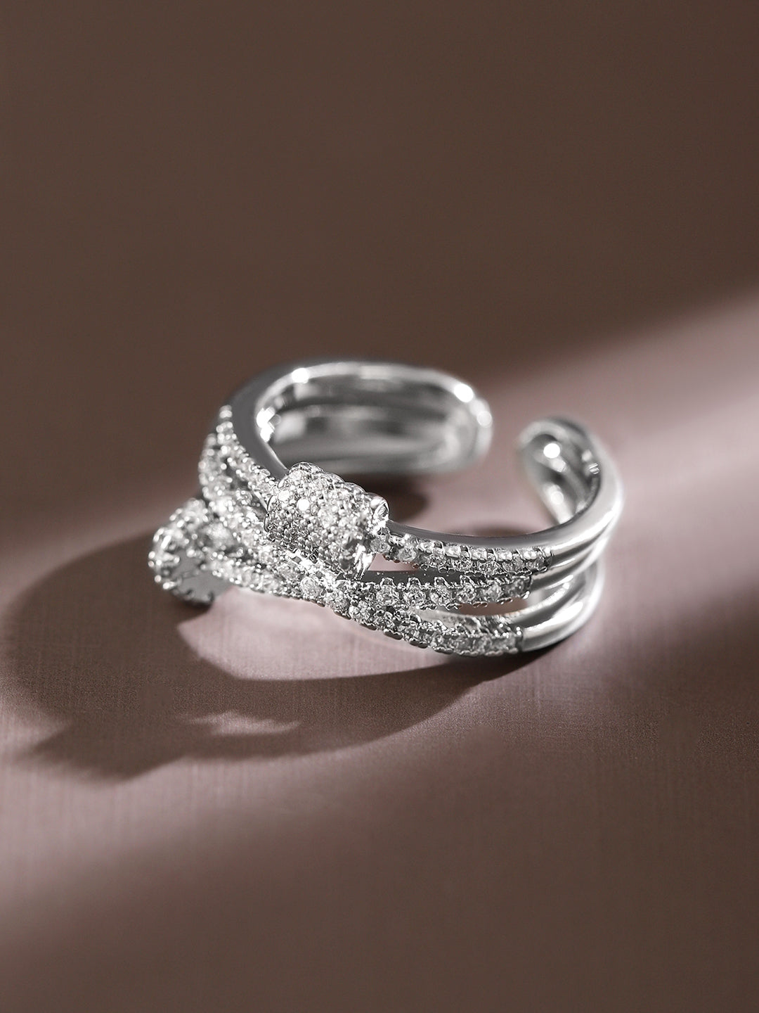 Rubans Rhodium-Plated Multi-Layered Cubic Zirconia Studded Openable Adjustable Ring