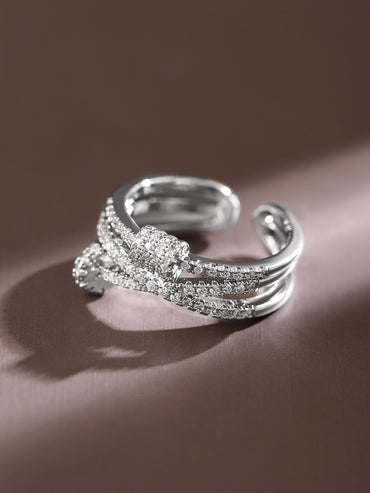 Rubans Rhodium-Plated Multi-Layered Cubic Zirconia Studded Openable Adjustable Ring
