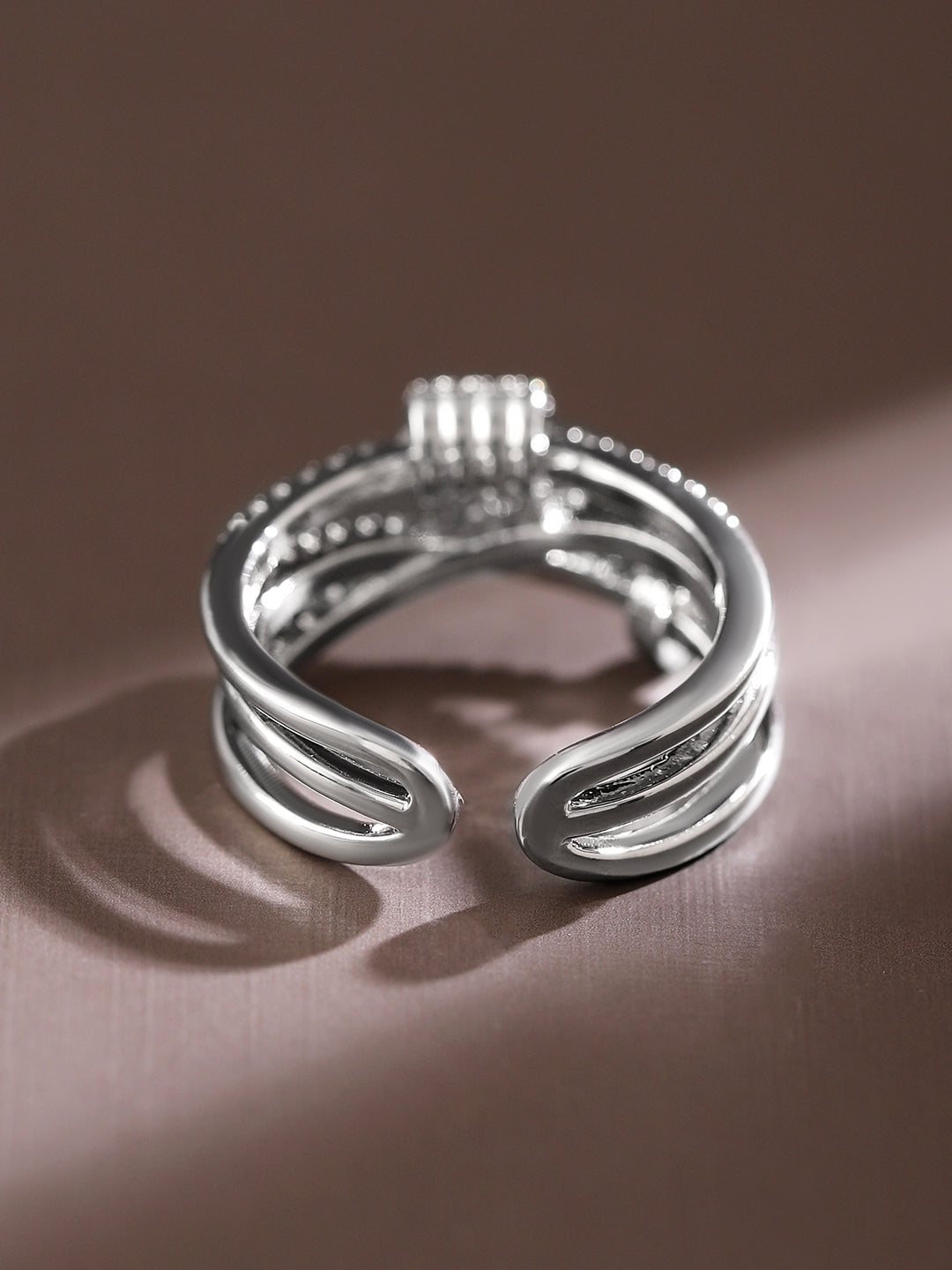 Rubans Rhodium-Plated Multi-Layered Cubic Zirconia Studded Openable Adjustable Ring