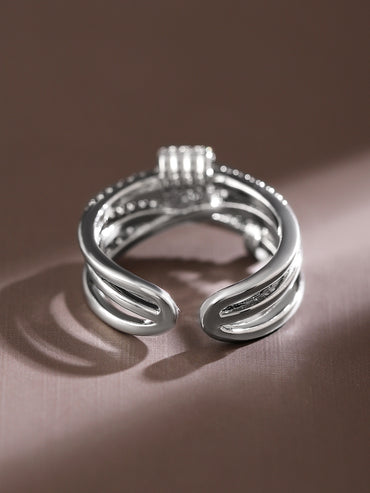 Rubans Rhodium-Plated Multi-Layered Cubic Zirconia Studded Openable Adjustable Ring
