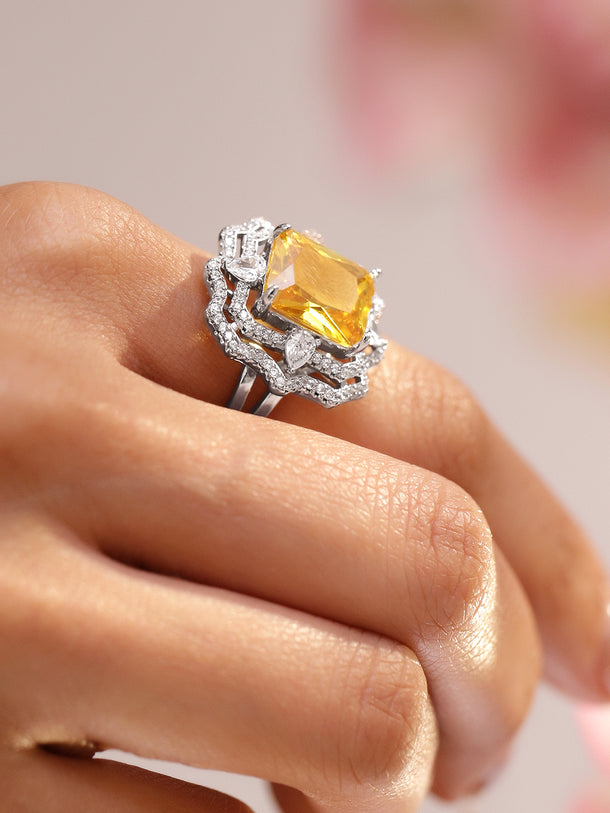 American Diamond Zirconia Yellow Studded Statement Ring