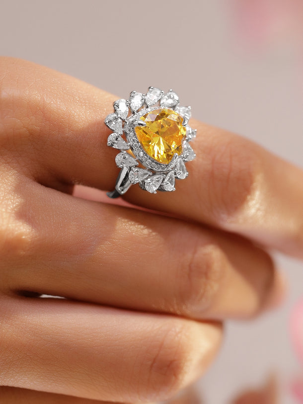 Rubans Rhodium-Plated Yellow Sapphire & Cubic Zirconia Heart Halo Statement Ring
