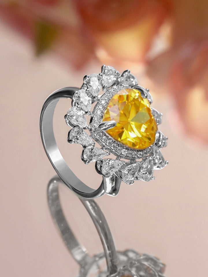 Rubans Rhodium-Plated Yellow Sapphire & Cubic Zirconia Heart Halo Statement Ring