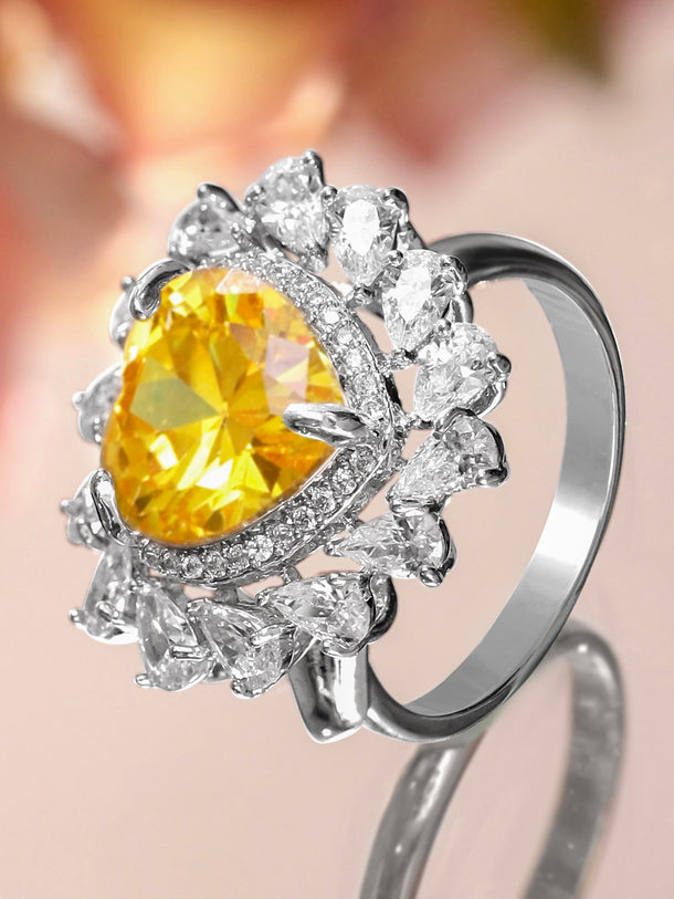 Rubans Rhodium-Plated Yellow Sapphire & Cubic Zirconia Heart Halo Statement Ring