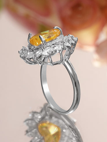 Rubans Rhodium-Plated Yellow Sapphire & Cubic Zirconia Heart Halo Statement Ring