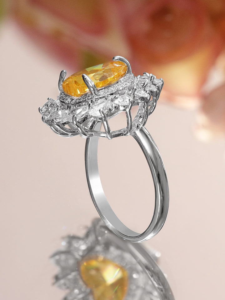 Rubans Rhodium-Plated Yellow Sapphire & Cubic Zirconia Heart Halo Statement Ring