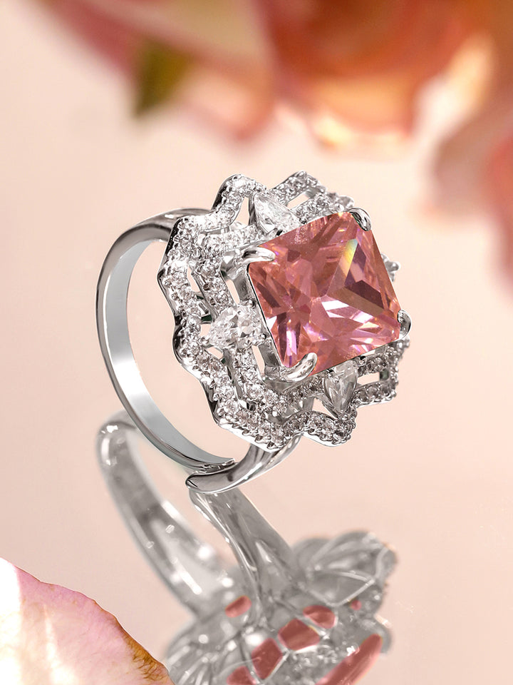 Rubans Rhodium-Plated Adjustable Statement Ring with Pastel Pink Crystal and Cubic Zirconia Detailing