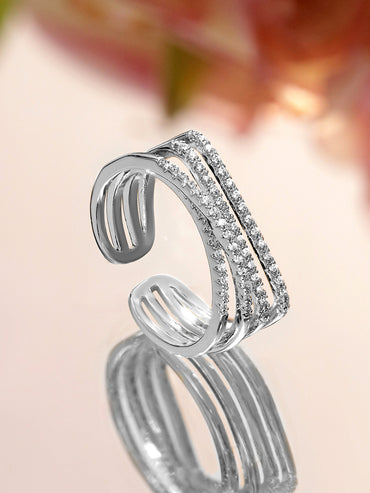 American Diamond Zirconia Multi-Layered Silver Toned Ring