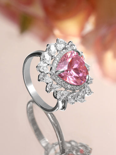 Pink Heart Studded Silver Ring